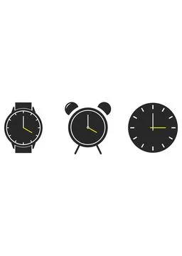 Three Black Clock and Watch Icons with Yellow Hands Illustrazione stock