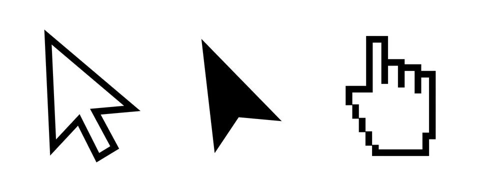 Three black computer cursors pointer arrow and hand on white background han.. Stock Illustration