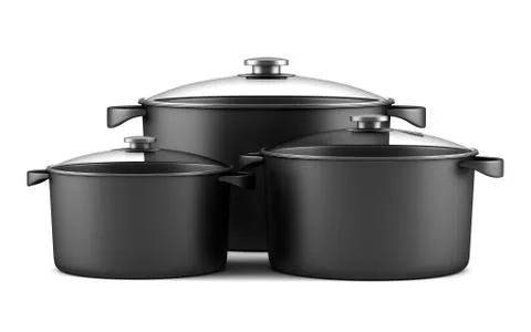 Three black cooking pans isolated on white background Stock Illustration