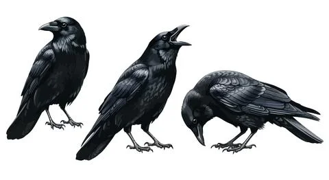 Three Black Crows Perched and Calling, Isolated on White Background イラスト素材