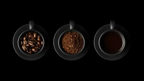 Three black cups with coffee and saucers on black background Stock Photos