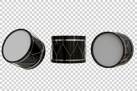 Three black cylindrical drums with off-white drumheads and gold-toned Stock Photos