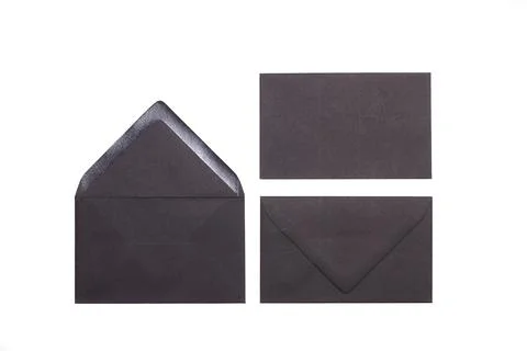 Three black envelopes on a white background with copy space Stock Photos