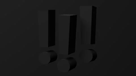 Three black exclamation marks. Black background. 3d render. Stock Illustration