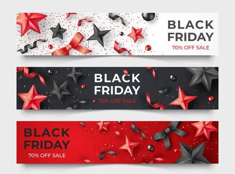Three Black friday horizontal banners with realistic ribbons, stars and col.. Stock Illustration