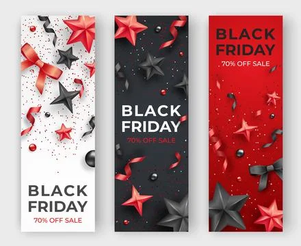 Three Black friday vertical banners with realistic ribbons, stars and color.. Stock Illustration
