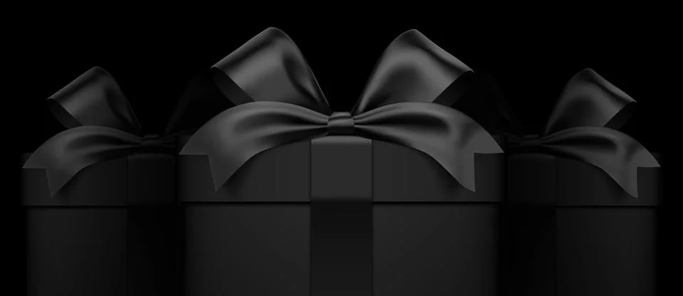 Three black gift boxes wrapped with satin ribbon on a dark background. Giftbox Stock Illustration