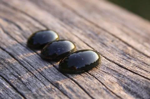 Three black jade translucent gemstones on wood Stock Photos