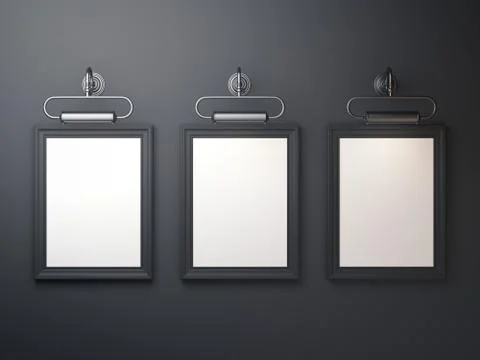 Three black picture frames on dark background. 3d rendering Illustrazione stock