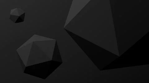 Three black polyhedrons, black background. Abstract monochrome illustration. Stock Illustration