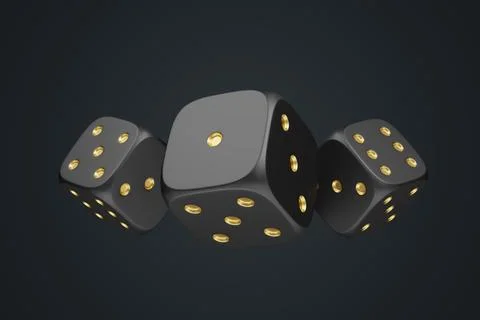 Three black rolling gambling dice on a black background Stock Illustration