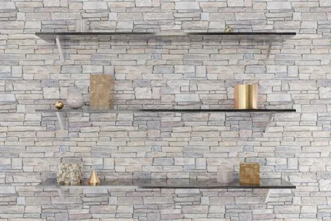 Three black shelves on the brick wall with golden and marble geometric object イラスト素材
