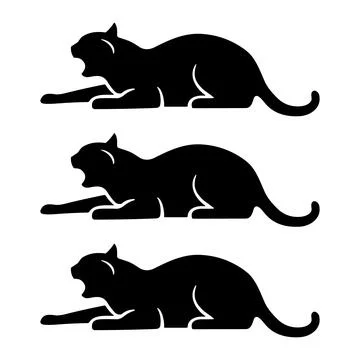 Three black silhouettes of cats in a lying down or crouching position with .. Stock Illustration