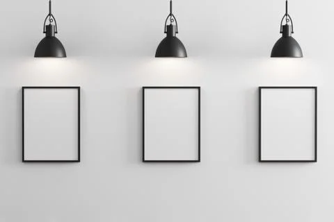 Three black vertical frames mockup with black pendant lights above and white  Stock Illustration