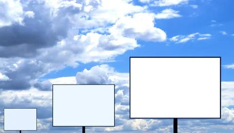 Three blank billboards stand in a row against a cloudy sky. Stock Illustration