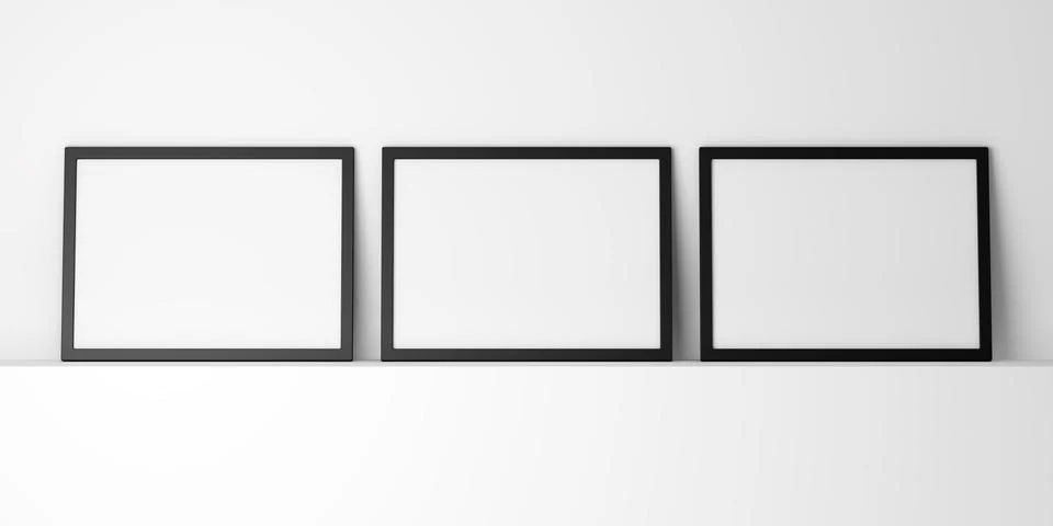 Three blank black photo frames on white shelf Stockillustratie