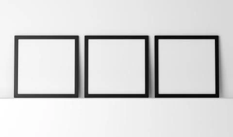 Three blank black photo frames on white shelf Stock Illustration