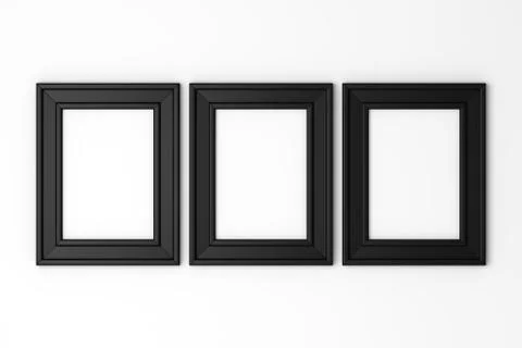 Three blank black photo frames on white wall Stockillustratie
