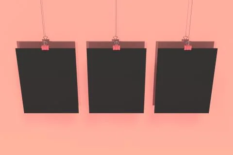 Three blank black posters with binder clip mockup on red background Illustrazione stock
