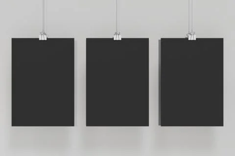 Three blank black posters with binder clip mockup on white background Stock Illustration