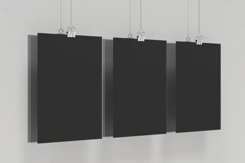 Three blank black posters with binder clip mockup on white background Stock Illustration