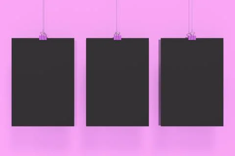 Three blank black posters with binder clip mockup on violet background Stock Illustration