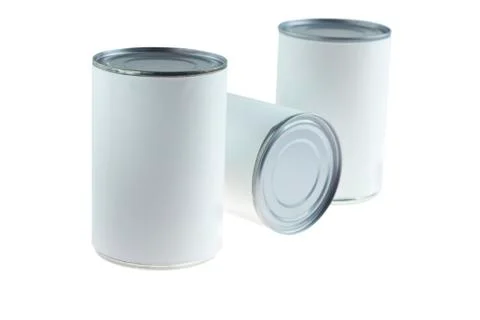 Three blank cans one on side Stock Photos