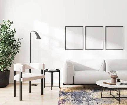 Three blank frames mock up in home living room interior with white sofa, 3... Stock Photos