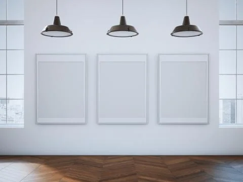 Three blank frames in modern loft interior. 3d rendering Illustrazione stock