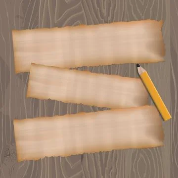 Three blank old note papers, ready for your message with pencil on wooden Stock Illustration