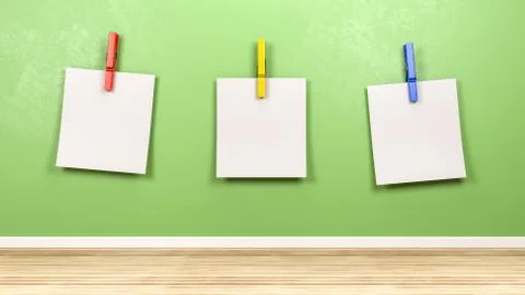 Three Blank Paper Notes with Colorful Clothespin Against Green Wall イラスト素材