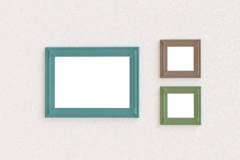 Three blank picture frames hanging on a wall. 3d illustration. Stock-Illustration