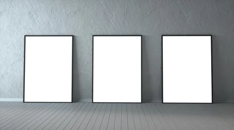 Three blank picture frames on a wood floor. 3d rendering Stock Illustration