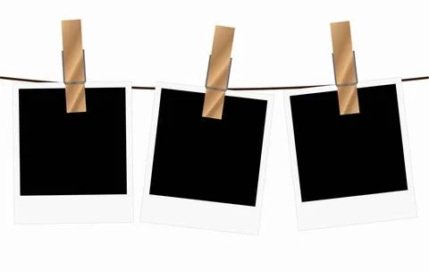 Three blank polaroid frames hanging on a rope Vector illustration of three... Stock Photos
