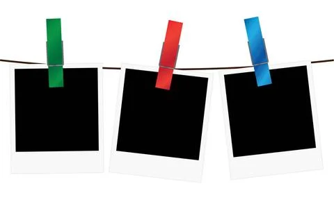 Three blank polaroid frames hanging on a rope Vector illustration of three... Stock Photos