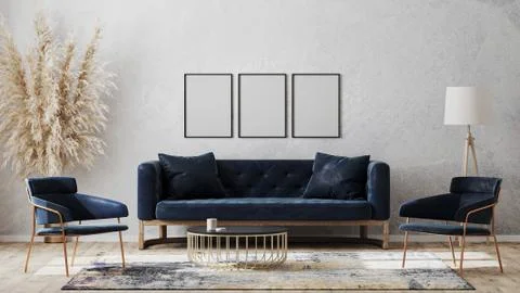 Three blank poster frames on gray wall mockup in modern luxury interior desig Stockillustratie