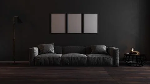 Three blank poster frames mock up in luxury dark living room interior with gr Stock Illustration