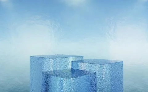 Three blank product stage. ice pedestal or platform, blue background for pr.. Illustrazione stock