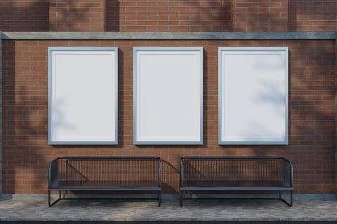 Three blank vertical poster frames mockup on brick wall Stock Illustration