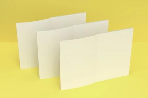 Three blank white open brochure mock-up on yellow background Stock Illustration
