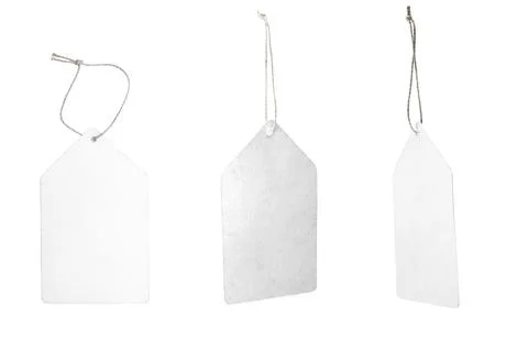 Three blank white paper hanging tags in geometric shapes on a white backgro.. Stock Photos