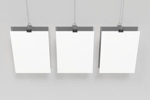 Three blank white posters with binder clip mockup on white background Stock Illustration