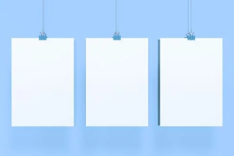 Three blank white posters with binder clip mockup on blue background Stock Illustration