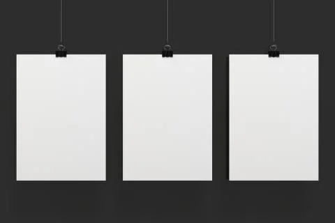 Three blank white posters with binder clip mockup on black background Stock Illustration