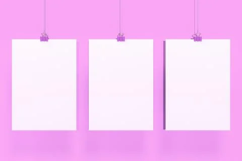 Three blank white posters with binder clip mockup on violet background Stock Illustration