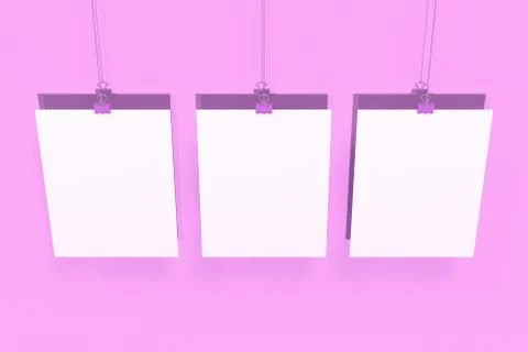 Three blank white posters with binder clip mockup on violet background Stock Illustration