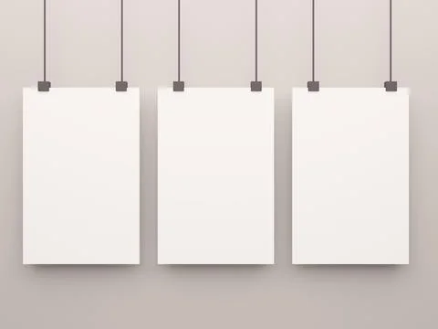 Three blank white posters mockup on gray background. Poster or paper sheet Illustrazione stock