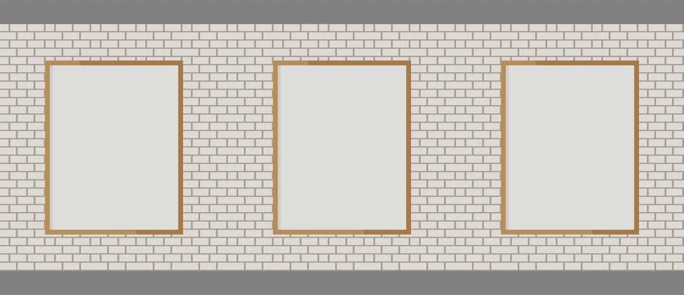 Three blank window frames on white brick wall with copy space, ideal for sh.. イラスト素材
