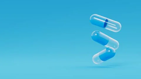 Three blue and transparent empty capsules, pills float on blue background Stock Illustration