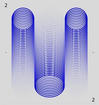 Three blue cylindrical optical illusions with concentric circle patterns on a Stock Illustration